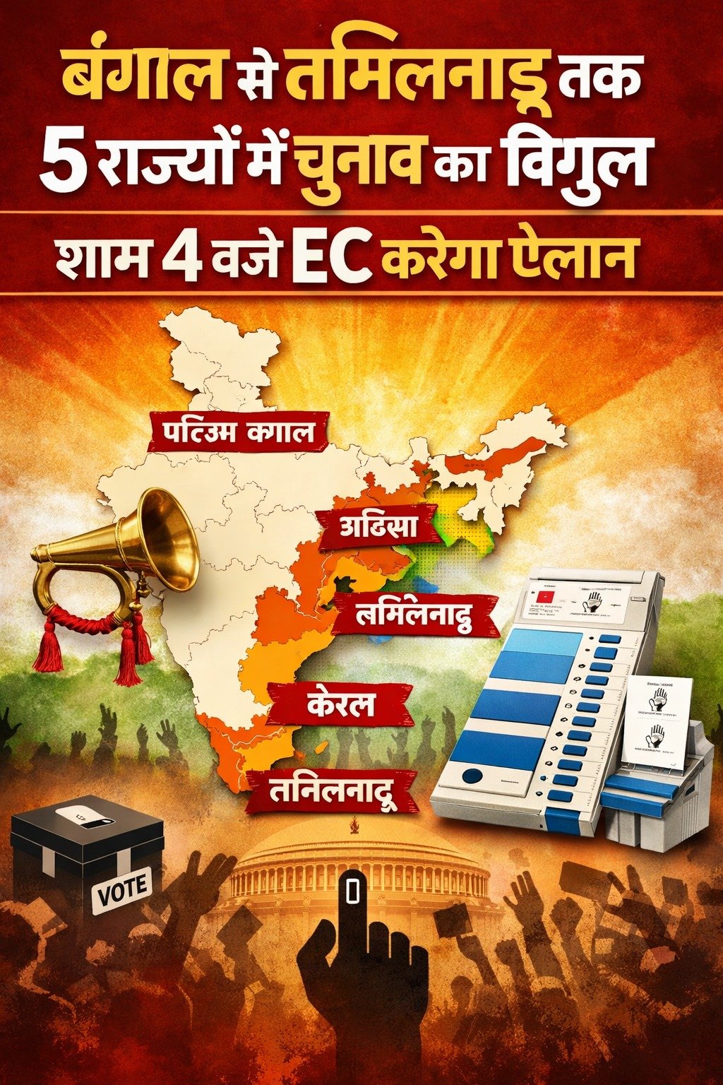 बंगाल से तमिलनाडु तक 5 राज्यों में चुनाव का बिगुल, शाम 4 बजे EC करेगा ऐलान
