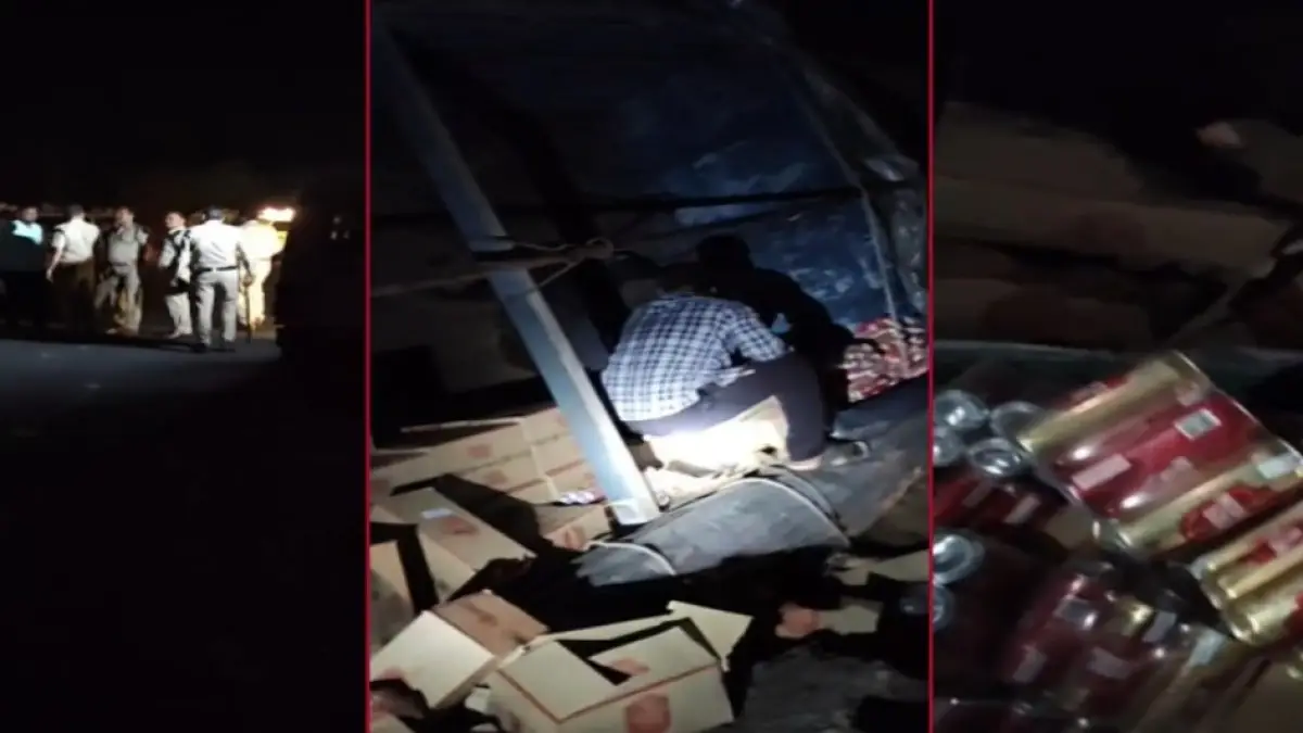 बियर से भरा ट्राला पलटा, ग्रामीणों ने लूटी पेटियां; रोकने पहुंची पुलिस पर पथराव